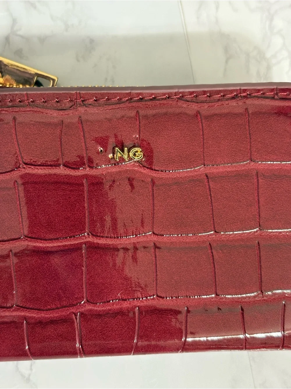 MANGO Burgundy Croc-Effect Small Credit Card/Coin Zipper Wallet